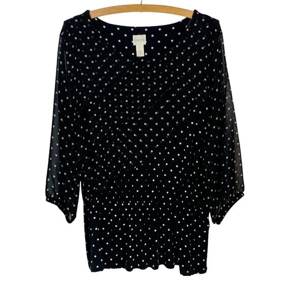 Chico’s Black & White Asymmetrical Ruffled Polka Dot Tunic Top Size 2 L/12 - Picture 1 of 6
